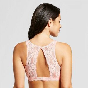 FLAW Exhilaration Light Pink Ribbed High Neck Lace Open Back Bralette Large